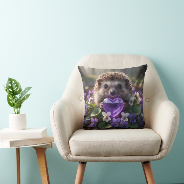 Cute February Hedgehog with Amethyst Heart Throw Pillow (Chair)