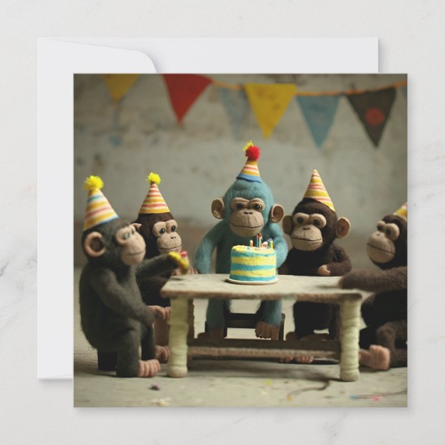 Cute Felted Monkeys Birthday Flat Greeting Card (Front)