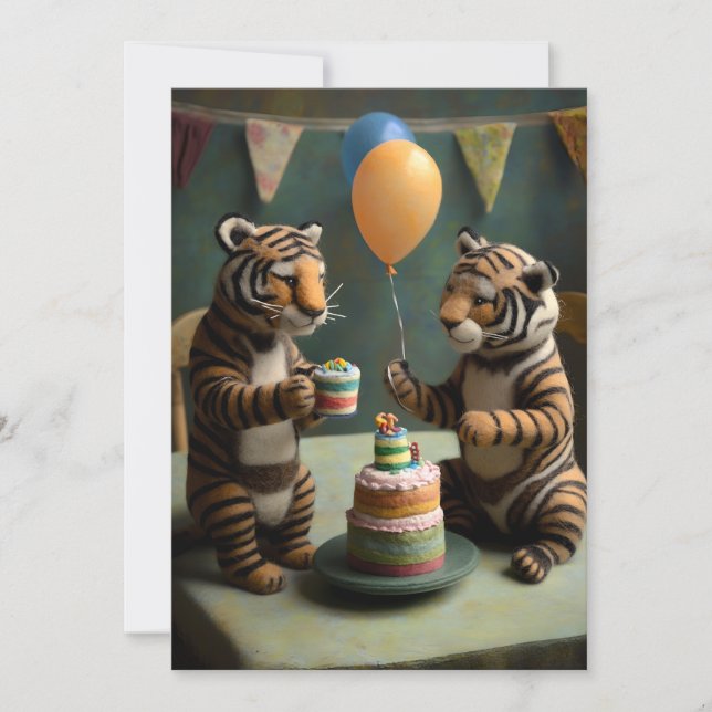 Cute Felted Tigers Birthday Flat Greeting Card (Front)
