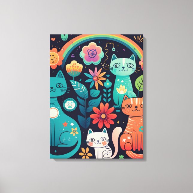 Cute Feminine Colourful Boho Style Cats and Flower Canvas Print (Front)