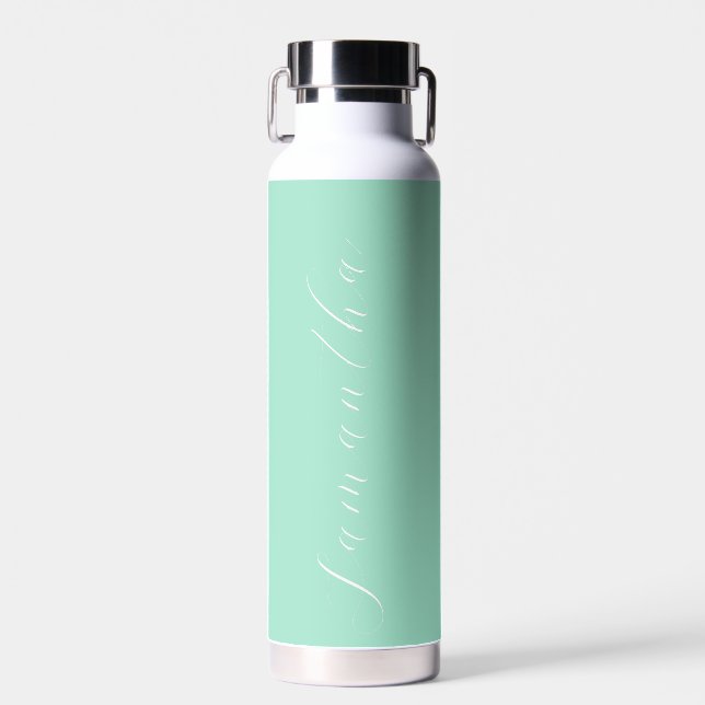 Cute Feminine Mint Green Calligraphy Custom Name Water Bottle (Front)