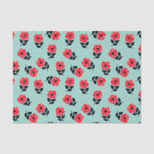 Cute Feminine  Red Aqua Floral Pattern Tissue Paper