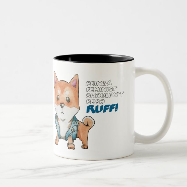 Cute Feminist Shiba Inu Dog Illustration Two-Tone Coffee Mug (Right)