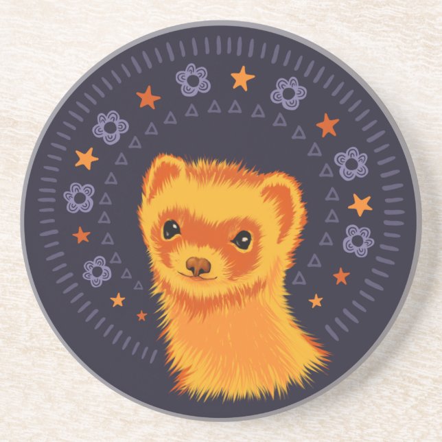 Cute Ferret Art - Colourful Smiling Mustelid Desig Coaster (Front)