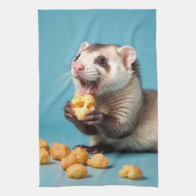 Cute Ferret Eating Cheese Puffs Kitchen Towel (Vertical)