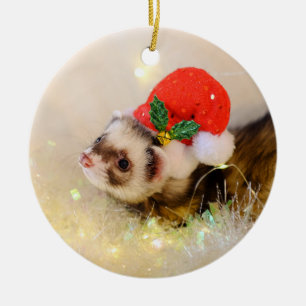 Cute Ferret in Holiday Hat Christmas Ornament
