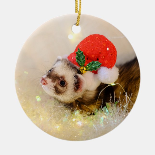 Cute Ferret in Holiday Hat Christmas Ornament (Front)