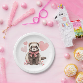 Cute Ferret Kawaii Pink Hearts Illustration Paper Plate