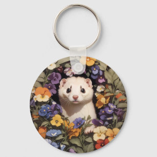 Cute Ferret Nestled In Pansies Garden Keychain