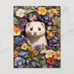 Cute Ferret Nestled In Pansies Garden Postcard