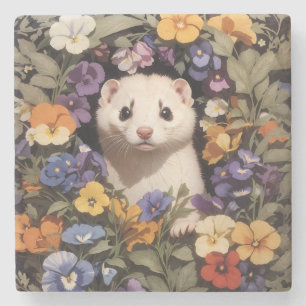 Cute Ferret Nestled In Pansies Garden Stone Coaster