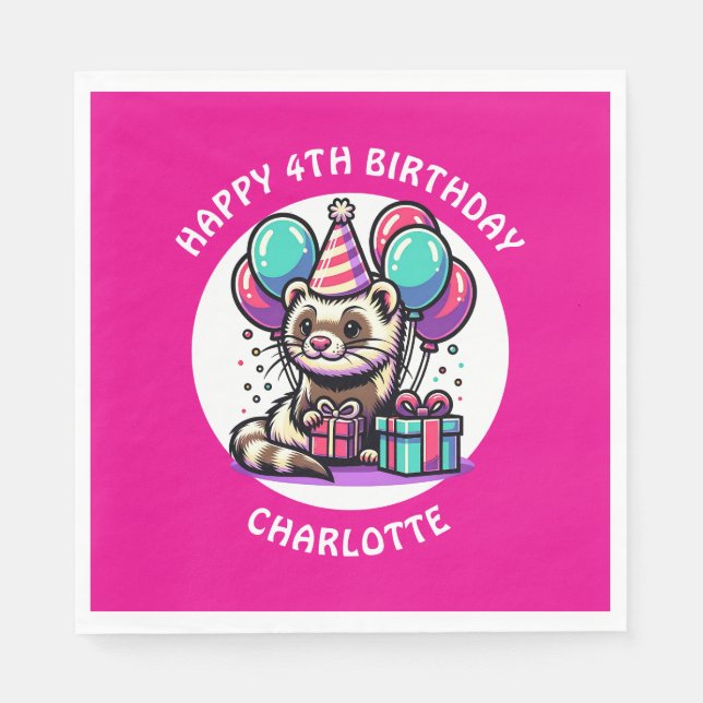 Cute Ferret Themed Girl's Birthday Personalized Napkin (Front)