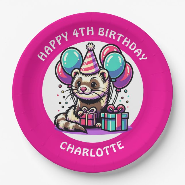 Cute Ferret Themed Girl's Birthday Personalized Paper Plate (Front)