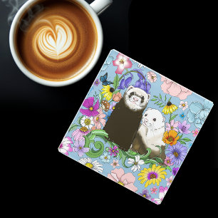 Cute Ferrets Floral Glass Coaster