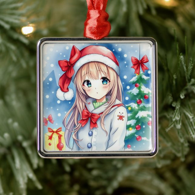 Cute Festive Anime Girl Christmas Metal Ornament (Tree)