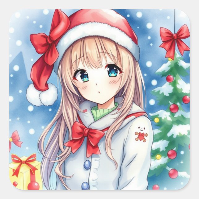 Cute Festive Anime Girl Christmas Square Sticker (Front)
