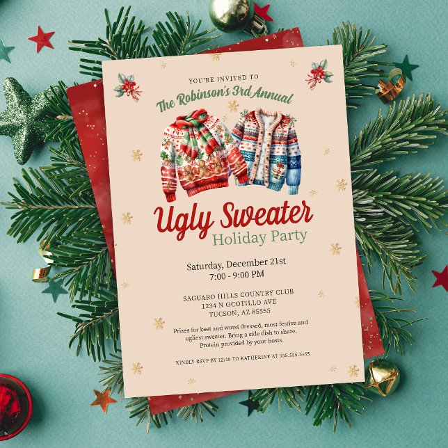 Cute Festive Annual Ugly Sweater Christmas Party Invitation (festive ugly christmas sweater party invitations for corporate work office or school family party)