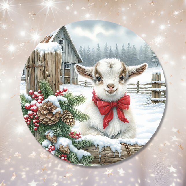 Cute Festive Baby Goat on the Farm Christmas Classic Round Sticker (Creator Uploaded)