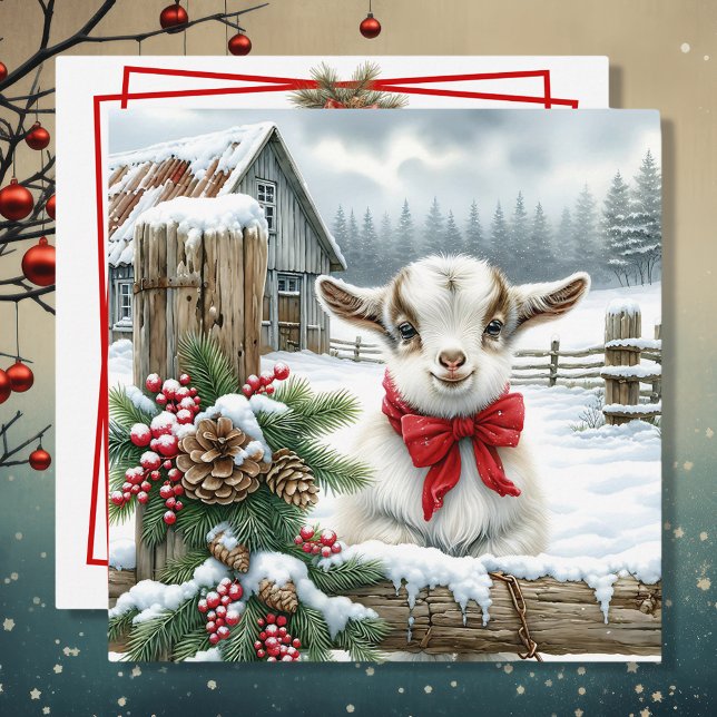 Cute Festive Baby Goat on the Farm Christmas Holiday Card (Creator Uploaded)