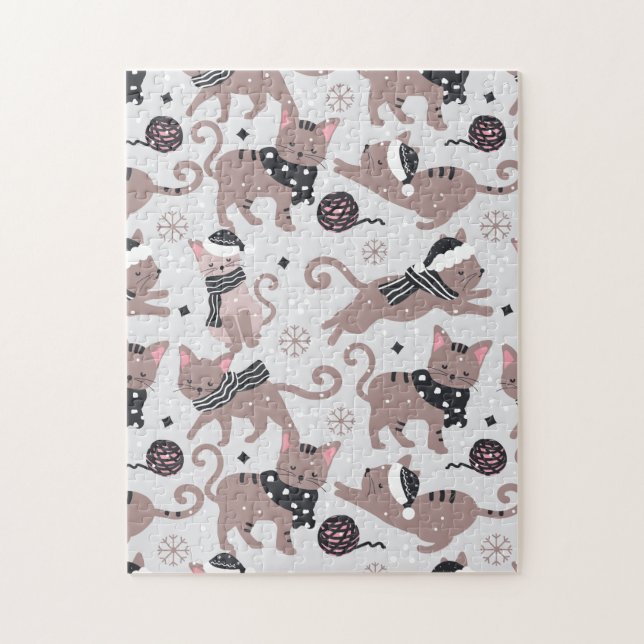 Cute Festive Cat Christmas Pattern Jigsaw Puzzle (Vertical)