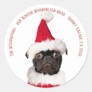 Cute Festive Christmas Black Pug Puppy Santa Classic Round Sticker