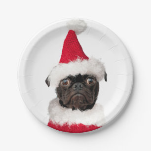 Cute Festive Christmas Black Pug Santa Hat Paper Plate