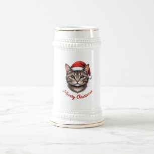 Cute Festive Christmas Cat with Santa Hat Beer Stein
