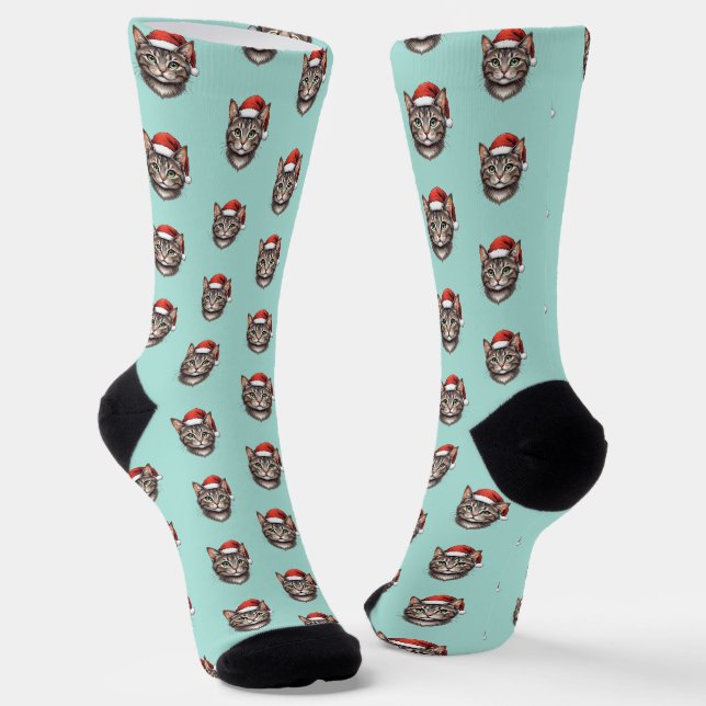 Cute Festive Christmas Cat with Santa Hat Socks (Angled)