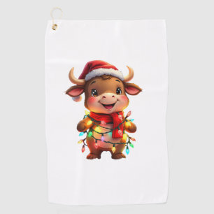 Cute Festive Christmas Cow with Holiday Lights Kid Golf Towel