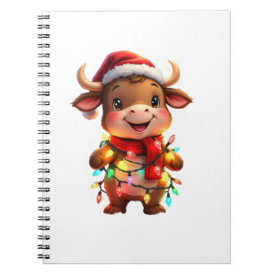 Cute Festive Christmas Cow with Holiday Lights Kid Notebook