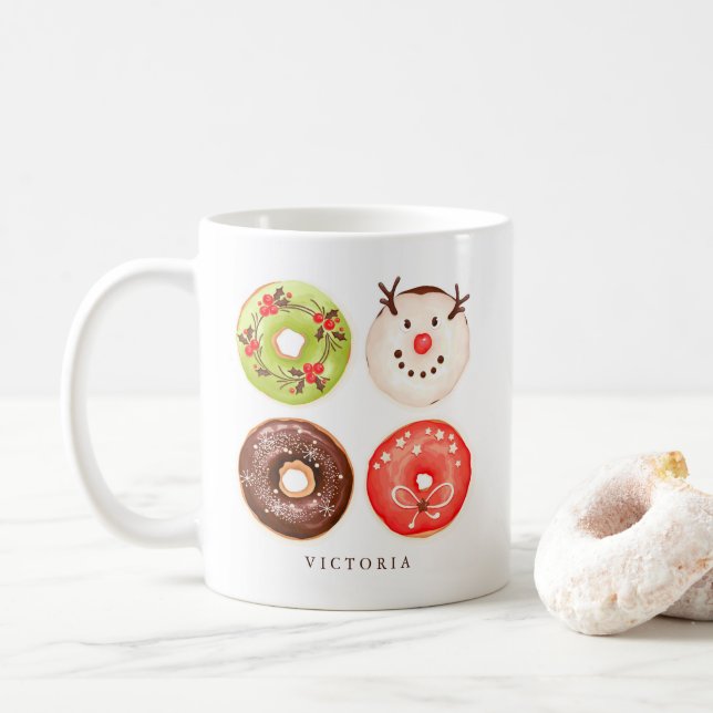 Cute Festive Christmas Doughnuts Personalized Coffee Mug (With Donut)
