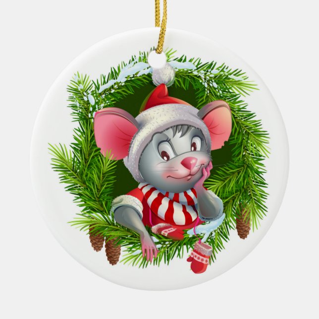 Cute Festive Christmas Holiday Mouse Ceramic Ornament (Front)