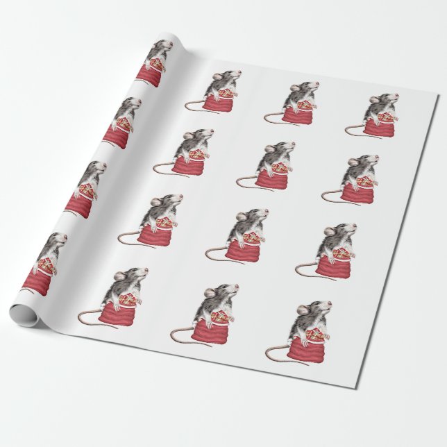 Cute Festive Christmas rat Wrapping Paper (Unrolled)