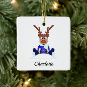 Cute Festive Christmas Reindeer Customised Ceramic Ornament