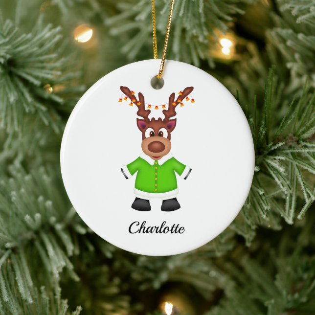 Cute Festive Christmas Reindeer Customized Ceramic Ornament (Tree)