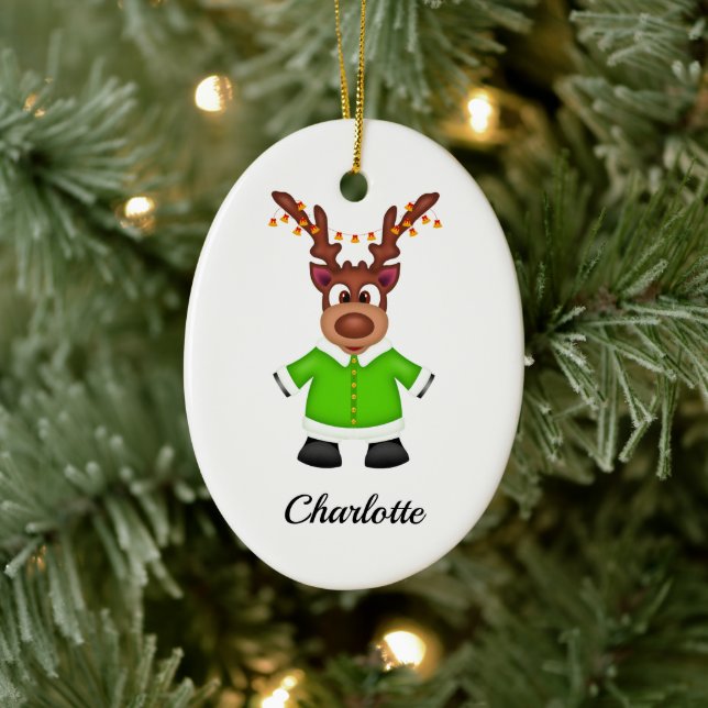 Cute Festive Christmas Reindeer Customized Ceramic Ornament (Tree)