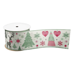 Cute Festive Christmas Reindeer Green Satin Ribbon