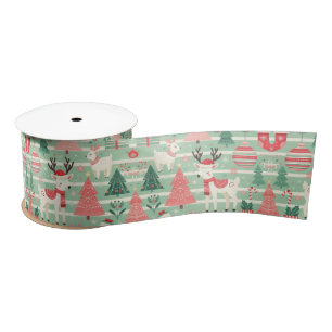 Cute Festive Christmas Reindeer Pattern Green Satin Ribbon