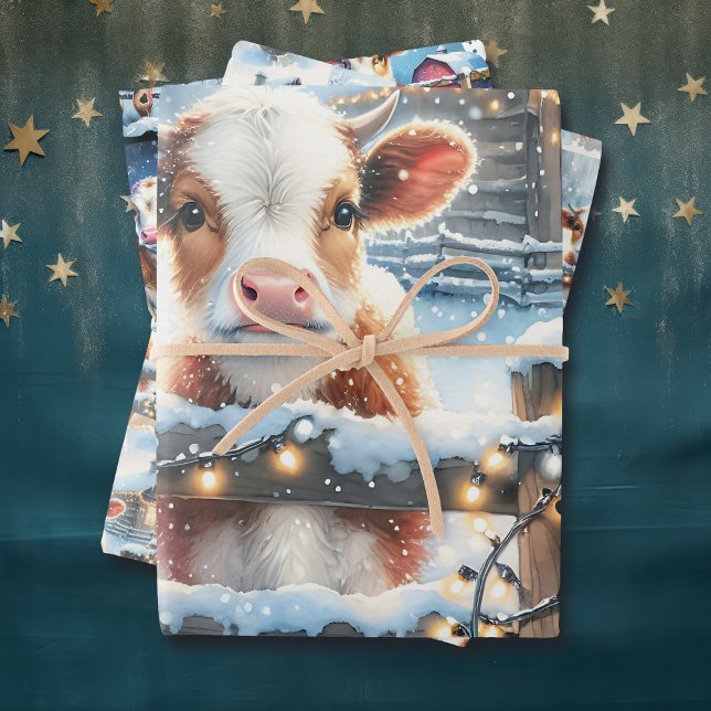 Cute Festive Country Cows Christmas Wrapping Paper Sheet (Creator Uploaded)