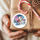 Cute Festive Cow Card Christmas Classic Round Sticker<br><div class="desc">A cute personalized Christmas card with a watercolor style cow standing by a rustic wood fence in front of a barn. Cute country farmer themed Christmas card.</div>