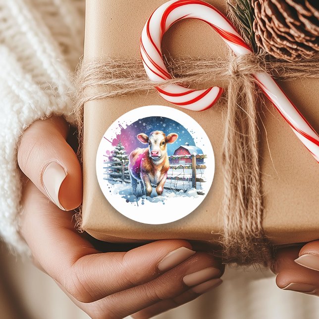 Cute Festive Cow Card Christmas Classic Round Sticker (Creator Uploaded)
