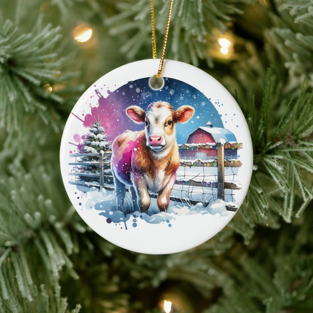 Cute Festive Cow Card Christmas Personalized Ceramic Ornament (Tree)
