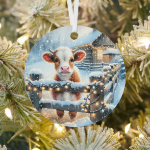 Cute Festive Cow Christmas Personalized Metal Ornament