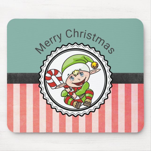 Cute Festive Elf with Candy Cane Merry Christmas Mouse Pad (Front)