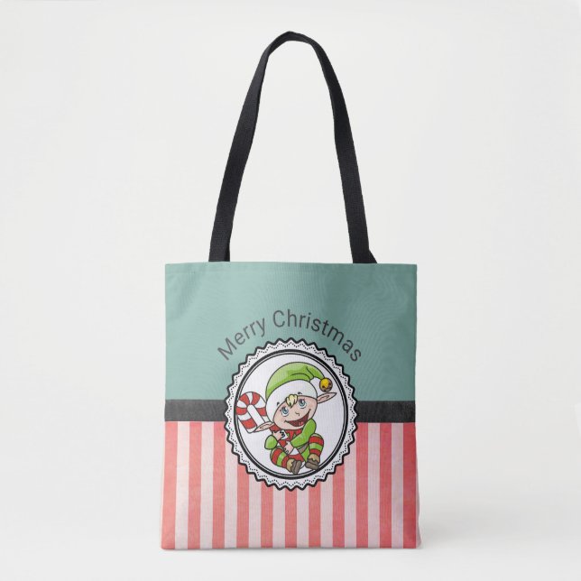 Cute Festive Elf with Candy Cane Merry Christmas Tote Bag (Front)