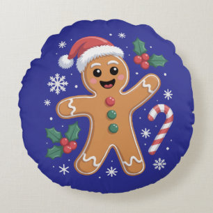 Cute Festive Gingerbread Man Christmas Cookie Round Pillow