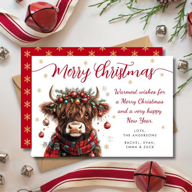 Cute Festive Highland Cow Merry Christmas Holiday Card (Creator Uploaded)