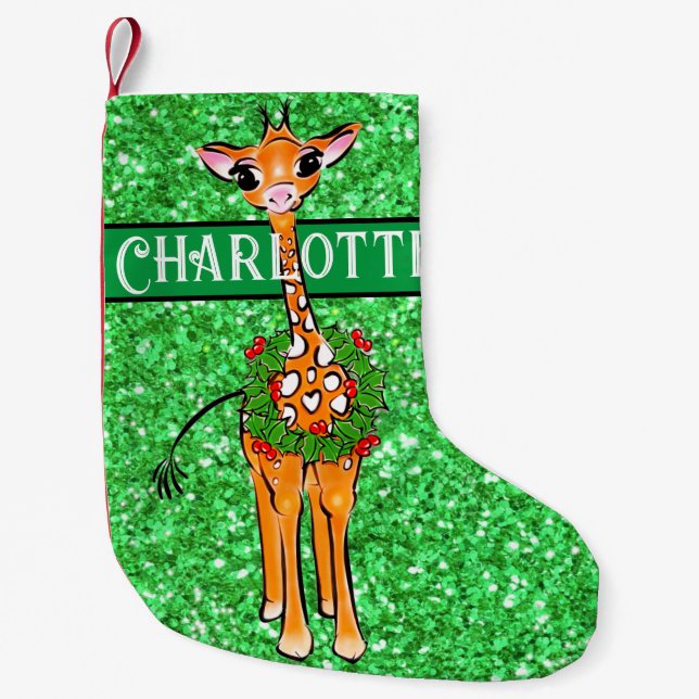 Cute festive Holiday Giraffe, Holly wreath Small Christmas Stocking (Front)