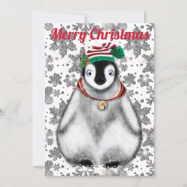 Cute festive holiday Penguin glitter snowflakes  Card (Front)