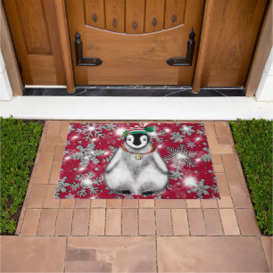 Cute festive holiday Penguin glitter snowflakes  Doormat